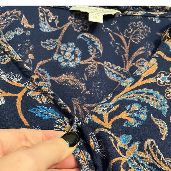 Lucky Brand Boho Navy Paisley Faux Wrap Peplum Blouse Long Sleeve Ruffle Neck XL - Picture 2 of 10